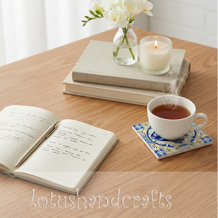 Decorative ceramic drink coaster with colourful fish artwork and intricate blue-and-yellow patterns, ideal for coffee mugs, tea cups, and drinking glasses.