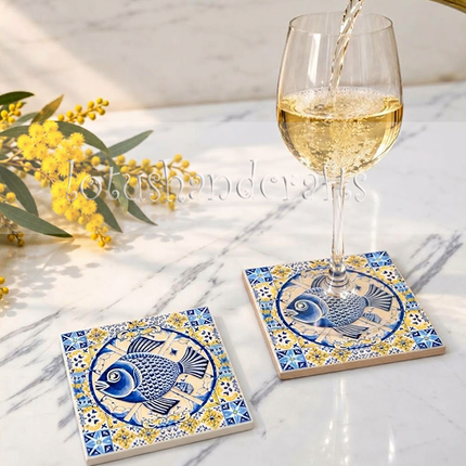Artistic happy sardine fish coaster highlighting traditional folk art influences, elegant floral borders, and detailed geometric tile motifs for coastal-inspired home décor.