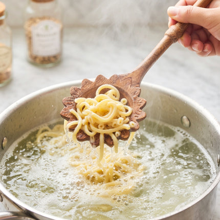 This wooden sunflower slotted spoon is safe for users and perfect for everyday cooking tasks.