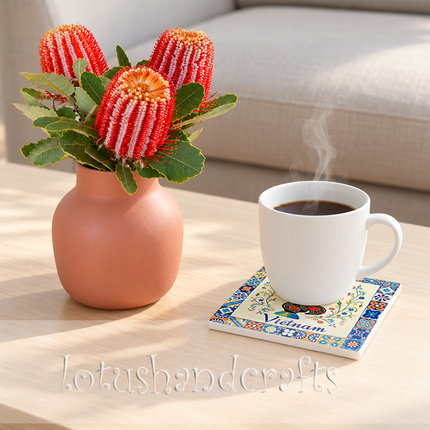 Add a splash of colour to your home with an intricate tile-inspired border featuring cobalt blue, turquoise, orange, yellow, and white geometric motifs.