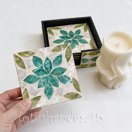 intricate natural seashell inlay floral pattern coaster set.