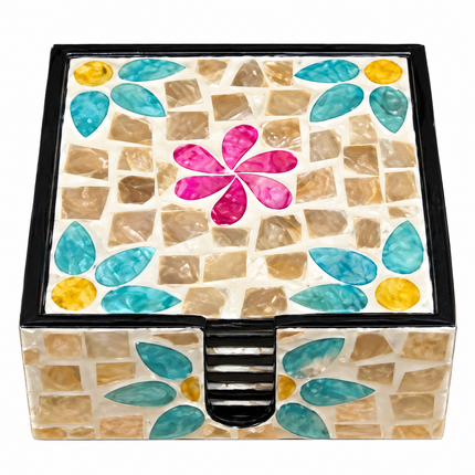 luxury wooden iridescent mosaic flower shell coaster set with storage box.