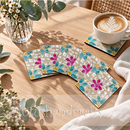 matching storage box with same iridescent mosaic flower pattern on all sides.