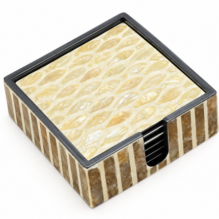 Elegant ivory-gold mother of pearl coasters featuring an intricate diagonal leaf mosaic and a matching holder for stylish everyday use.