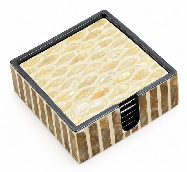Elegant ivory-gold mother of pearl coasters featuring an intricate diagonal leaf mosaic and a matching holder for stylish everyday use.