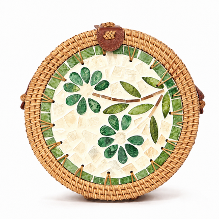 Cute jade petal mosaic round rattan crossbody bag with mother of pearl accents.
