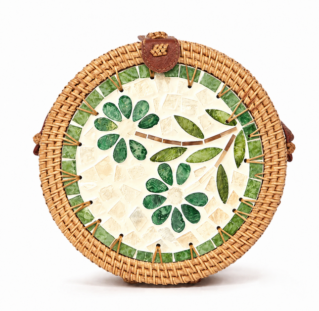 Cute jade petal mosaic round rattan crossbody bag with mother of pearl accents.