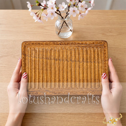 Large wavy redwood serving tray with exceptional durability for elegant everyday dining and home decor.