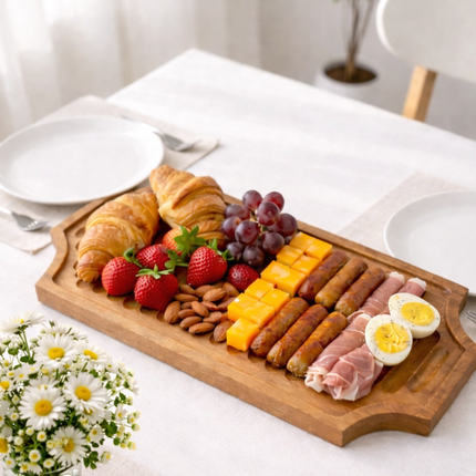 Large handcrafted ribbed wooden serving board tray made from natural wood for elegant and practical everyday use.