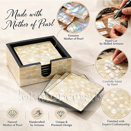 A handcrafted mother of pearl coaster set makes a thoughtful gift for weddings, housewarmings, and anniversaries.