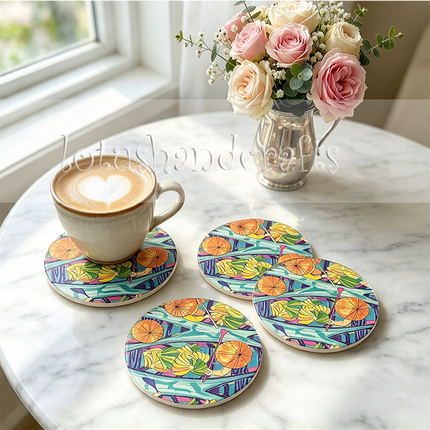 A colorful ceramic coaster with playful tropical fruit illustrations and bold geometric accents, bringing a cheerful artistic touch to any tabletop.