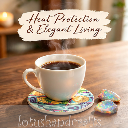 Round ceramic coaster featuring vibrant orange slices, yellow and green bananas, lush leaves, and a turquoise background with colorful artistic details.