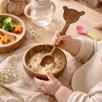 Little bear handcrafted wooden spoon is designed in a perfect size for babies to comfortably use during mealtime.