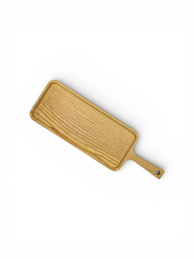 Long ash wood serving board with handle features a cute and simple design.