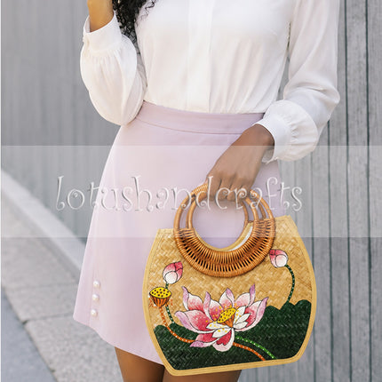 Blooming Lotus Bamboo Handle Straw Purse.
