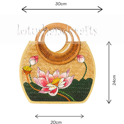 Hand-Painted Lotus Flower Woven Rattan Handbag