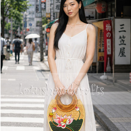 Hand-Painted Lotus Floral Rattan Purse.