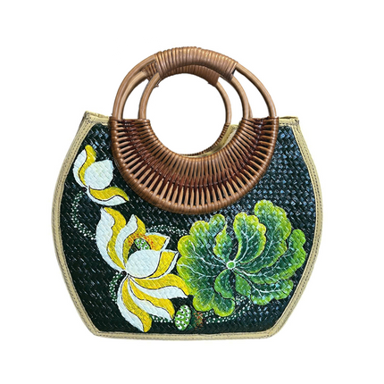 Handwoven Seagrass Seashell with Hand-Painted Lotus Blossom Rattan Bag | Artisan Bamboo Handle Purse