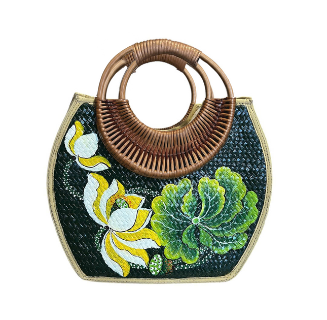 Handwoven Rattan Bag with Hand-Painted Lotus Blossom