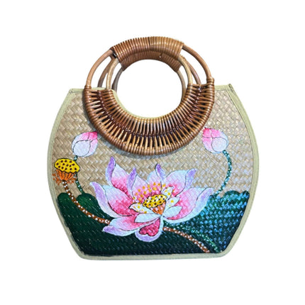 Hand-Painted Blooming Lotus Rattan Bag with Bamboo Handle.