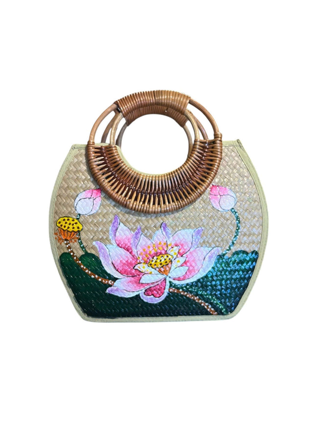 Hand-Painted Blooming Lotus Rattan Bag with Bamboo Handle.