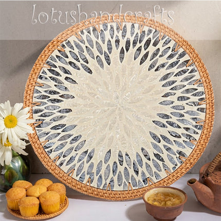 Handcrafted Rattan & Mother of Pearl Sunburst Floral Mosaic Rattan Round Placemat.