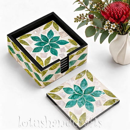 6-piece floral leaf motif seashell coasters with storage box.