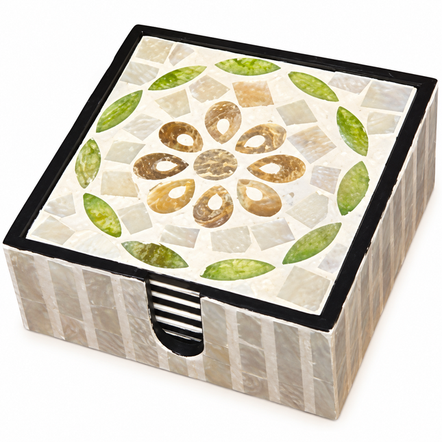 6-piece green leaf ring floral mother of pearl coaster set with holder by lotushandcrafts.