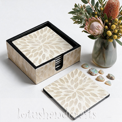 Close-up of Lotushandcrafts shell mosaic coaster, highlighting shimmering capiz tiles.