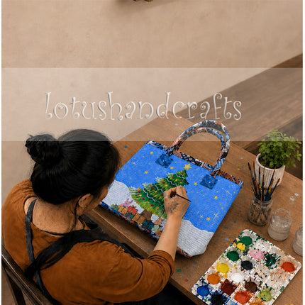 Handmade Woven Seagrass Tote Bag: Painted Christmas tree Design, Eco-Friendly