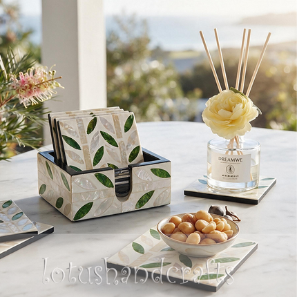 Square decorative coaster with shimmering green leaf inlay and creamy mother-of-pearl botanical design.