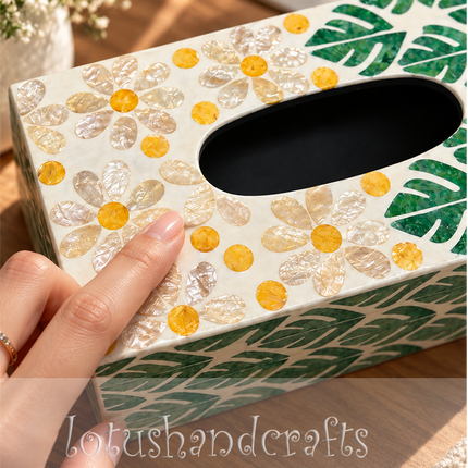 Indulge in refined luxury with a handcrafted shell mosaic tissue box that turns an everyday essential into an eye-catching conversation piece.