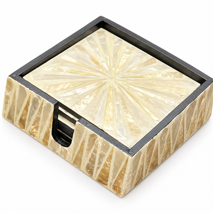 Elegant square coasters featuring a radiant ivory mother of pearl sunburst mosaic with champagne gold accents.