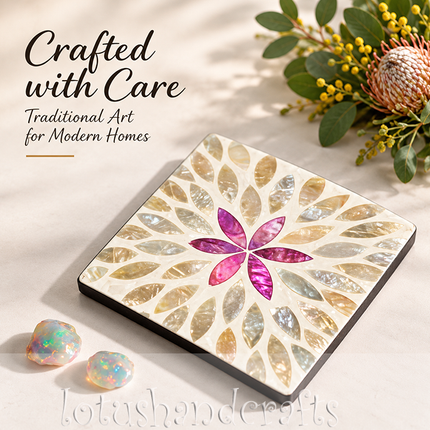 Product shot highlighting the glossy finish and the radiant sunburst pattern of the pink floral mosaic.
