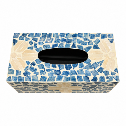 Handmade mosaic shell tissue box featuring a vibrant blue lily floral pattern for desktop storage.