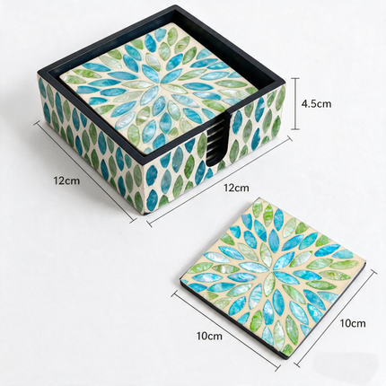 Single 10cm square mother-of-pearl coaster — symmetrical blue-green sunburst leaf design.