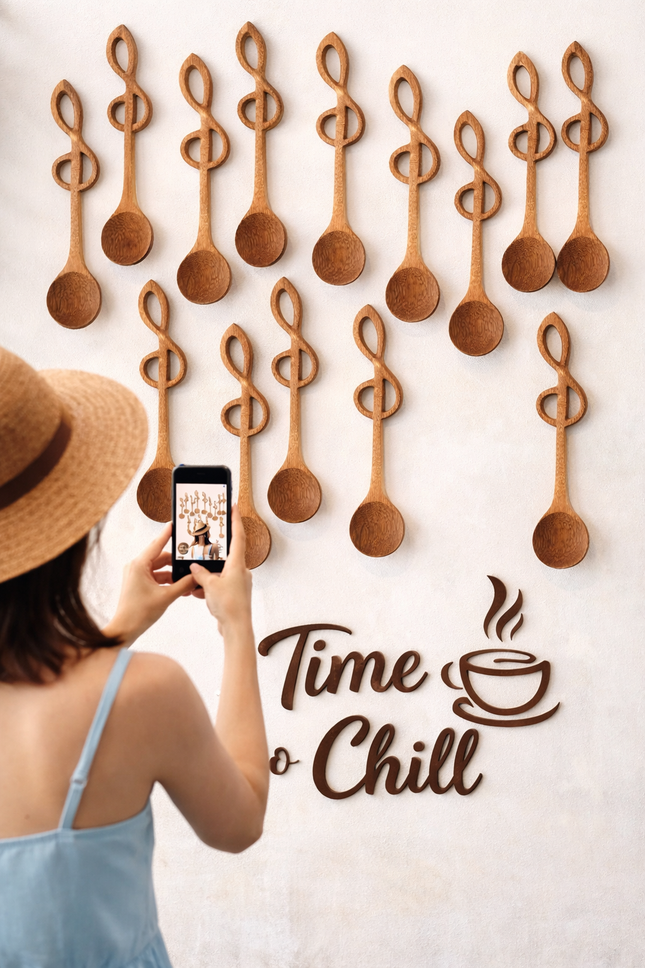 Hand carved mini wooden music note spice spoon for kitchen use and decoration.