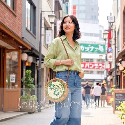 Jade Petal Mosaic Round Rattan Crossbody Bag with Mother of Pearl and Elegant Handcrafted Charm.