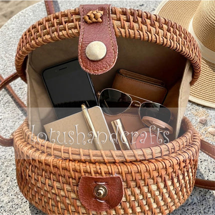 Unique Jade Petal Mosaic Round Rattan Crossbody Bag with Mother of Pearl Accents.