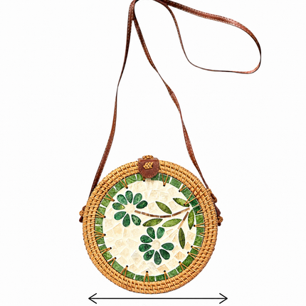 Jade Petal Mosaic round rattan crossbody bag with mother of pearl details and size options.