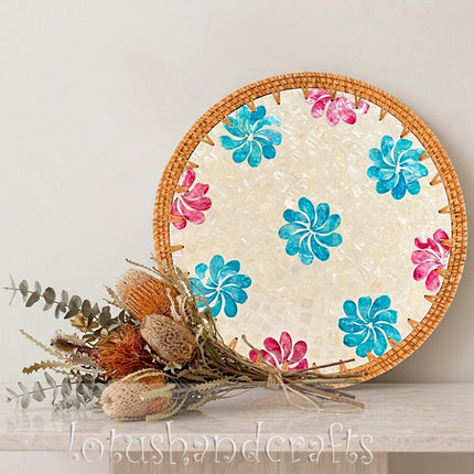 Mother of Pearl Blue & Pink Floral Mosaic Round Rattan Placemat & Charger Plate 35cm.