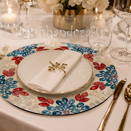 Mother of Pearl Blue & Red Floral Mosaic Inlay Decorative Plate.