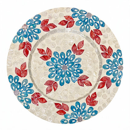 Handmade Mother of Pearl Blue & Red Floral Mosaic Decorative Plate by Lotushandcrafts. 