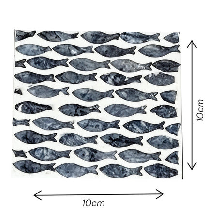 Luxury shell-inlay coaster set & storage box - deep blue fish motif, artisan-made in Vietnam.
