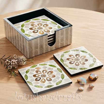 closeup of green leaf ring floral mother of pearl pattern on square coaster.