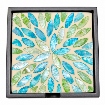 6 Pack Square Decorative Coaster Set with Blue Green Botanical Holder — handcrafted mother-of-pearl leaf burst mosaic