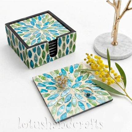 Premium handcrafted shell coaster set — flowing blue-green botanical burst, elegant home accent and gift.