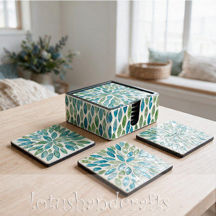 Blue-green leaf burst mother-of-pearl coasters with matching display holder, creamy base and black trim.