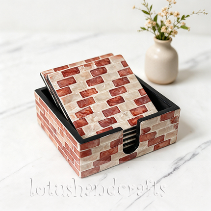 Full set neatly displayed — matching holder keeps your brick-mosaic coasters tidy and ready.