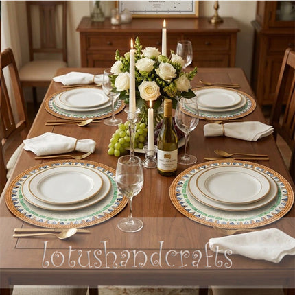 round Mother of Pearl Rattan Tray, Serving Tray & Charger Plate with Fish Mosaic by Lotushandcrafts.